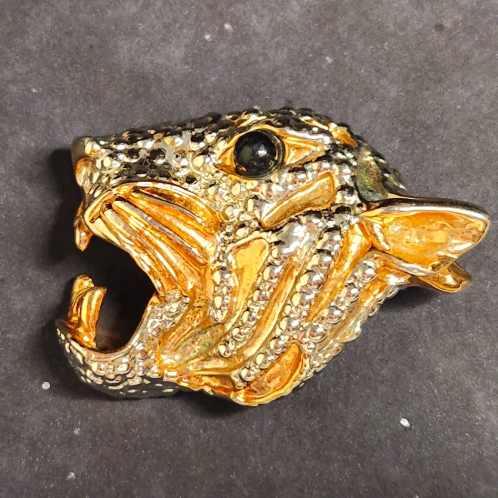 Tiger Head Gold And Silver Tone With Black Glass Bead Eye Brooch Pin Big Cat